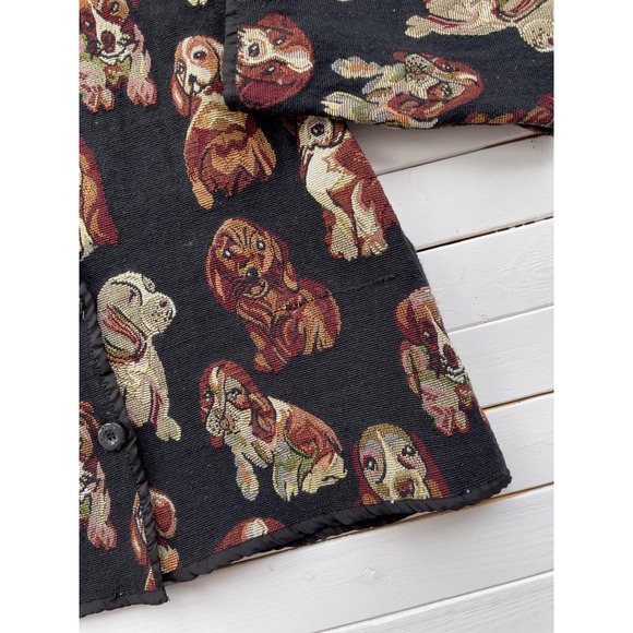 vtg Sara Studio black puppy dog cottagecore woven tapestry jacket coat - Picture 5 of 5